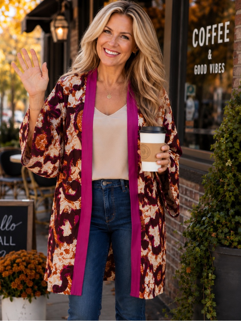 Susan Graver XL Floral Open Front Cardigan Purple Brown Magenta Creme Fall Layer
